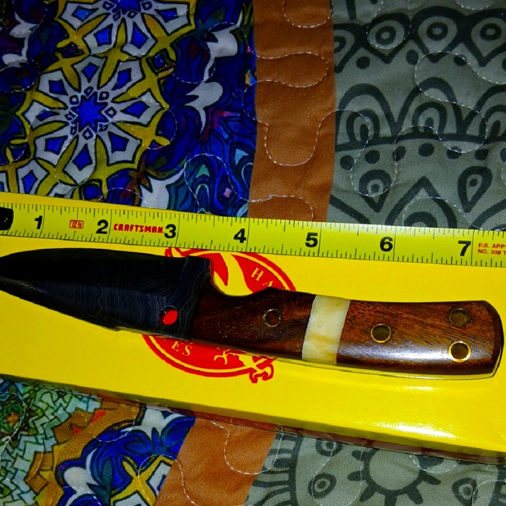 Wood and Bone Handle Knife with Damascus Steel Blade